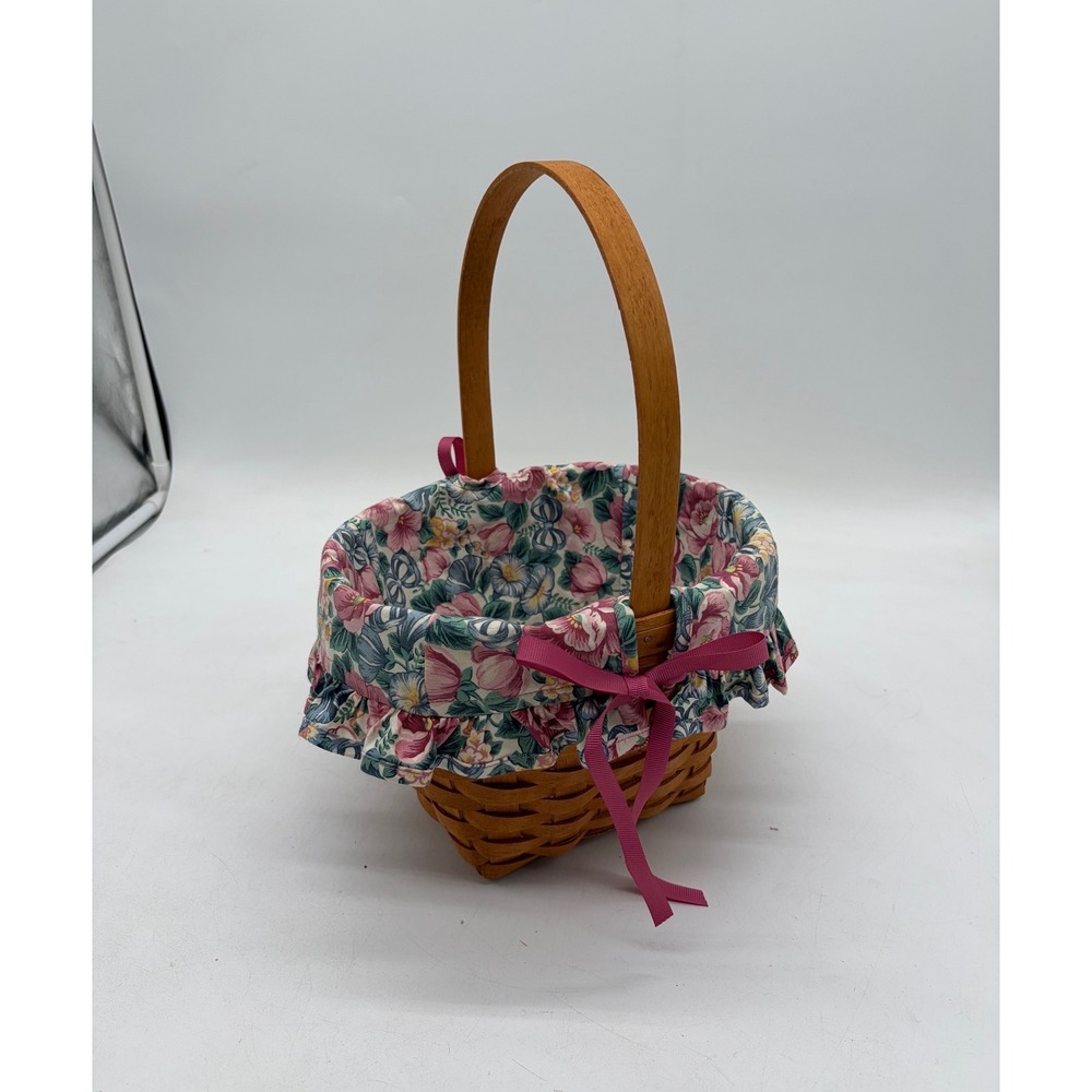 Longaberger Handwoven Basket with Floral Ruffled Liner and Ribbon Ties 1993 VTG